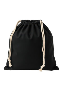 A single black fabric drawstring pouch with thick cream-colored cotton rope cords, featuring a soft textile texture and a simple tied knot closure isolated on a transparent background