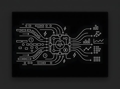 Circuit board schematic illustration with digital components and data flow visualization