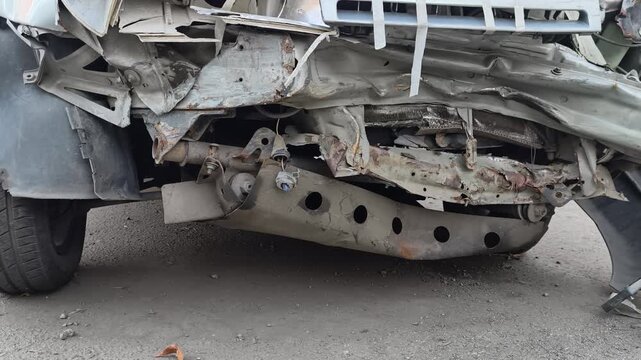 Severely deformed front body and bumper of a car after a serious road traffic accident. Close-up view of destroyed metal structures and damaged mechanical vehicle components.