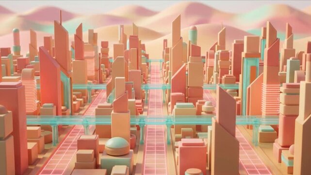 南京錠の鍵穴から幾何学的な近未来都市へ展開するクレイ風3D背景