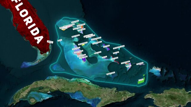 3D Animated Map of the Bahamas Highlighting Islands and Districts