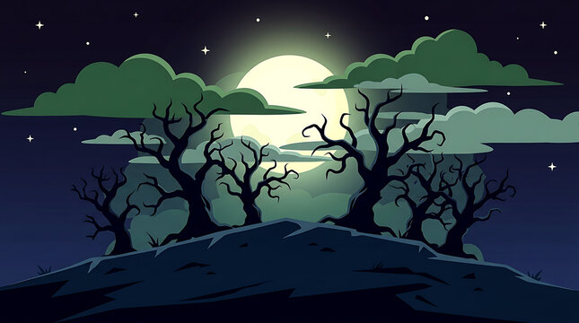 Pixel art landscape with a big full moon and bare trees in a dark night sky with stars and clouds
