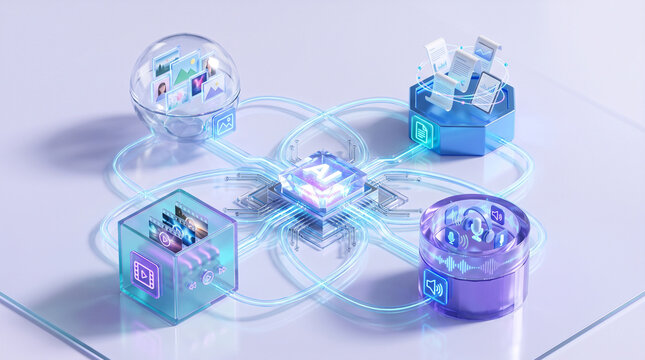 Artificial intelligence microchip links four media modules containing video audio and text components.