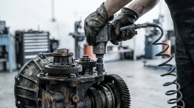 Mechanic using pneumatic tool to repair heavy machinery gears