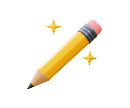 3D render of a yellow wooden pencil with an eraser isolated on a white background