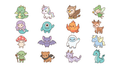 Obraz premium Cute Kawaii Fantasy Creature Vector Icon Set featuring Baby Dragon Unicorn Mermaid Griffin Fairy Phoenix and Yeti Stickers for Kids Graphic Designs