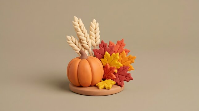 Decorative clay sculpture featuring a bright orange pumpkin nestled beside colorful maple leaves and stalks of golden wheat on a small round base displayed against a soft neutral background setting.