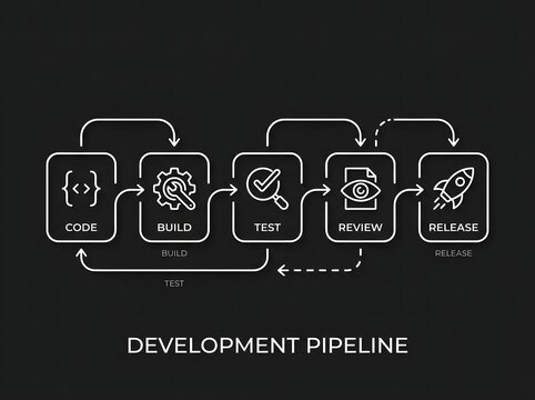 DevOps development pipeline diagram with software lifecycle icons on black background