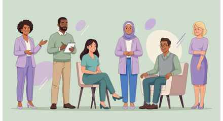 Fototapeta premium Diverse Business Team Illustration, Inclusive Group of Professionals in Modern Office Setting, Teamwork and Corporate Diversity Concept Vector