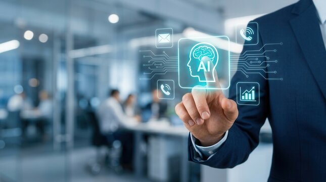 A businessperson tapping an artificial intelligence icon on a digital screen for autonomous business process automation.