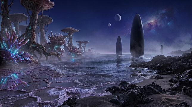 Surreal alien landscape with glowing bioluminescent flora and monoliths under a starry night sky