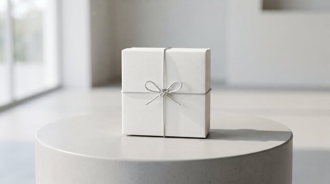 Minimalist Pearl White Square Gift Box Tied with Thin Silver String Bow on Display Stand
