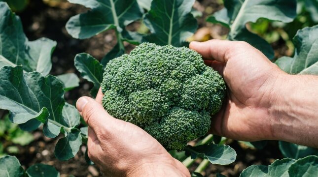 Farmer holding fresh organic broccoli in the garden