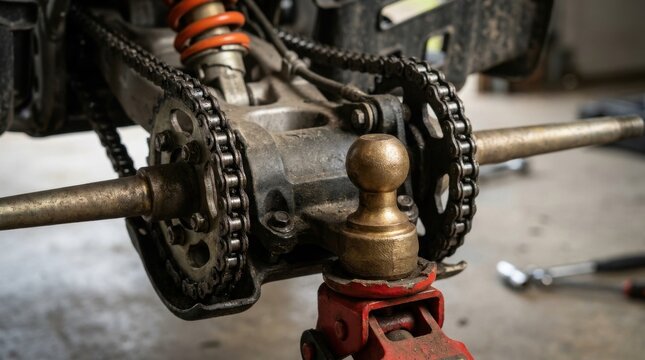 Closeup of atv rear axle with trailer hitch ball