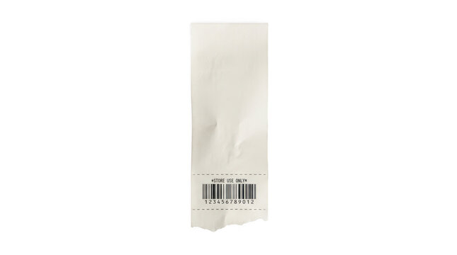Blank white receipt paper with barcode and store use only text, isolated on transparent background