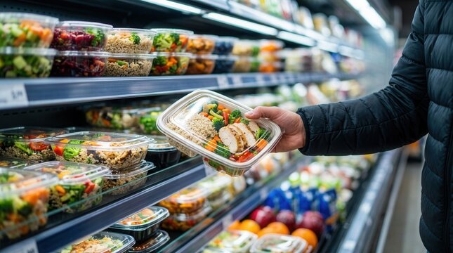 A person selecting a prepackaged lunch container from a refrigerated grocery store display.