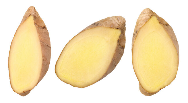 Fresh ginger slices isolated, transparent PNG, collection