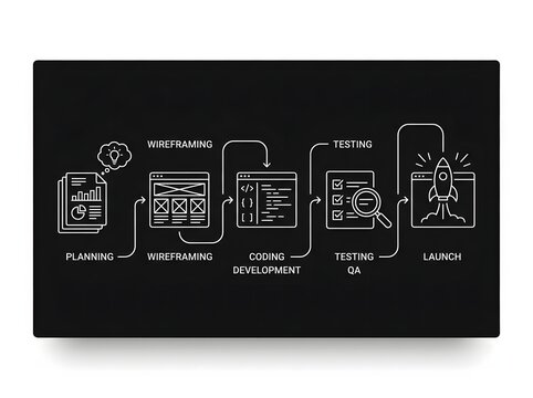 Software development lifecycle process flowchart on black background
