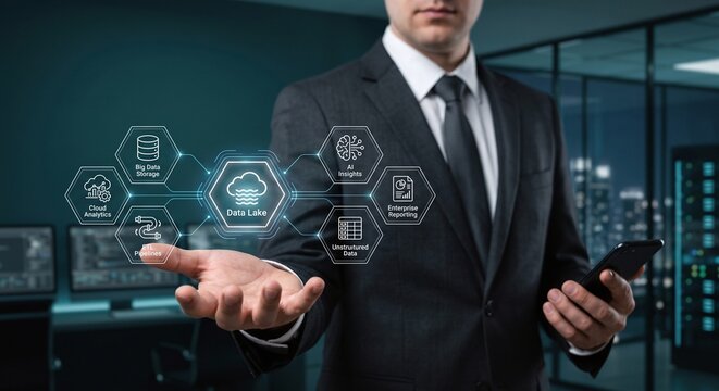 Data scientist holding a holographic Data Lake and big data analytics dashboard.