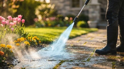 Obraz premium Person using a pressure washer to clean a stone path