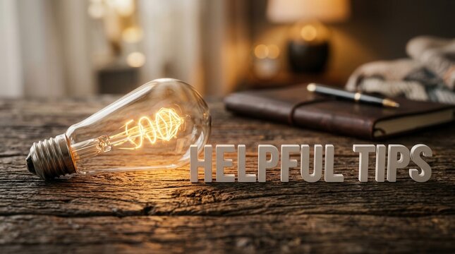 Bright lightbulb next to helpful tips written in white letters on a rustic wooden desk.