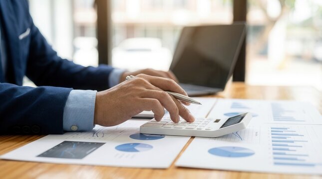 Businessman analyzing financial reports and documents at his office desk.