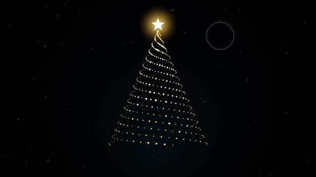 Christmas tree made of glowing golden particles with a bright star on top, festive holiday background animation