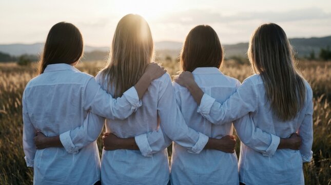 Four women standing in a row with arms around each other
