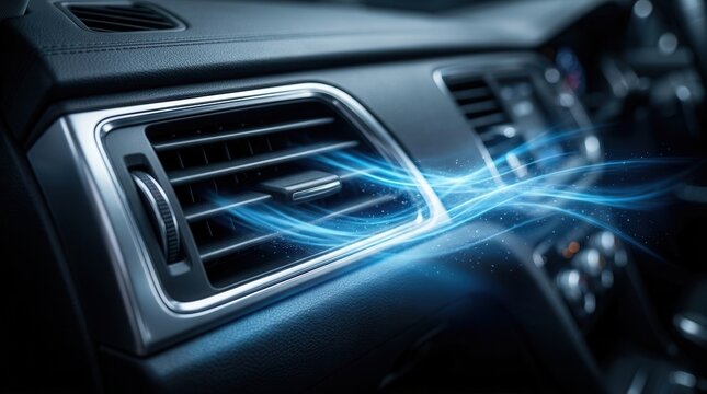 Close-up view of a sleek car interior air conditioning system with cold blue air flow from the vents.