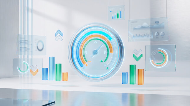 Modern dashboard interface with circular gauge, bar charts, and data panels in bright room.