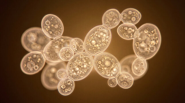 Microscopic view of budding yeast cells in golden light
