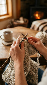 Close Up Hands Knitting Wool Scarf with Wooden Needles Winter Craft