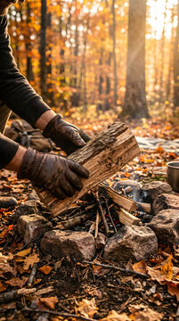 Close Up Hands Placing Wooden Logs on Campfire in Autumn Forest