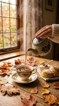 Close Up Hot Tea Pouring into Cup with Scones Autumn Afternoon Tea Background