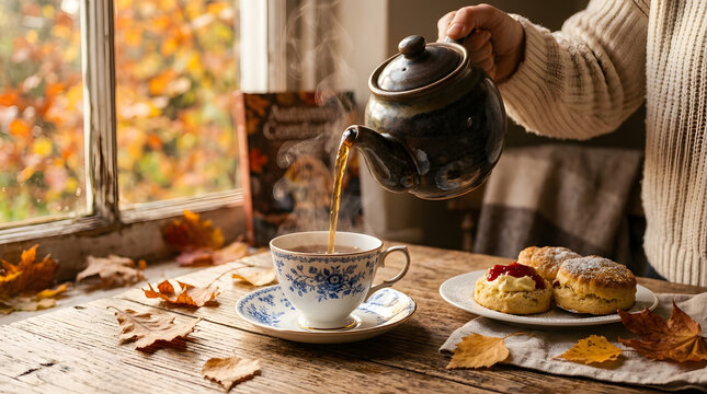 Close Up Hot Tea Pouring into Cup with Scones Autumn Afternoon Tea Background