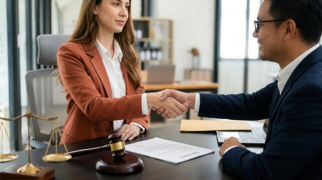 Female lawyer and client shaking hands over signed contract documents in an office.