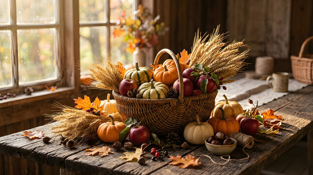 Autumn Harvest Arrangement with Pumpkins Apples and Wheat Ears Background