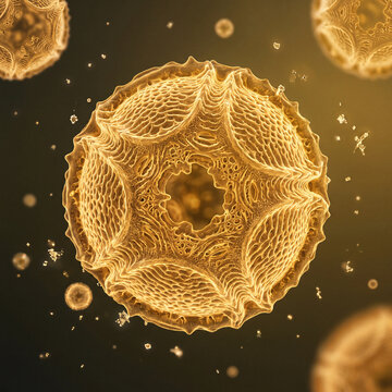 Microscopic view of a detailed golden pollen grain under light