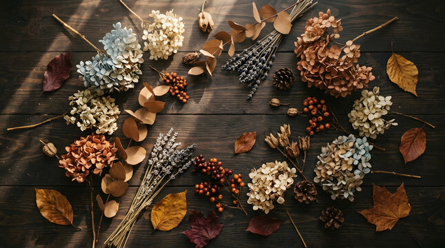 Elegant Dried Autumn Flowers on Dark Rustic Wooden Background with Soft Light