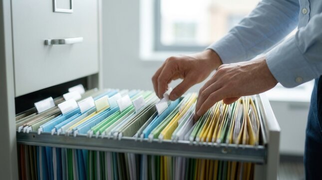 Hands sorting colorful hanging file folders in an open office archive drawer.