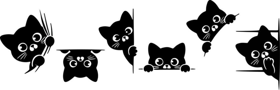 Set of cute black cats peeking from corners and edges silhouette