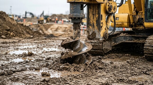 Heavy equipment drilling a screw pile into wet soil for building foundation.