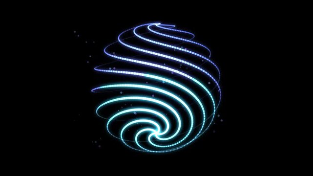 Neon glowing energy sphere with spiraling particle light trails rotating against a dark black motion background asset.