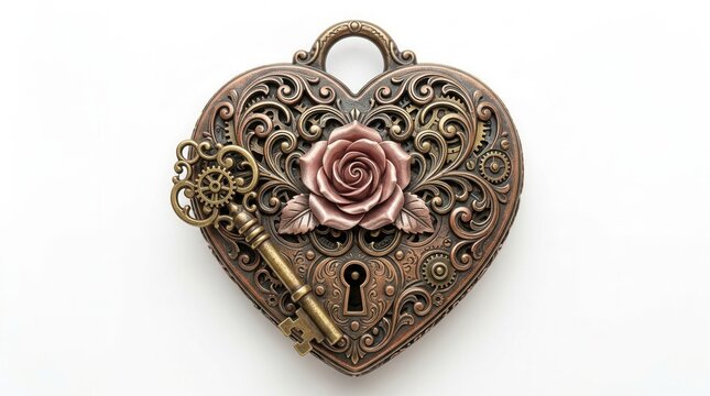 Intricate steampunk heart-shaped lock featuring a rose and a vintage key.