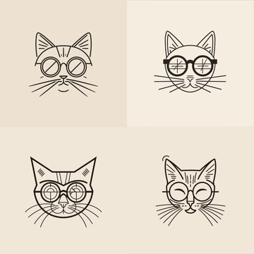 Minimalist cat face icon set - Line art illustrations with glasses