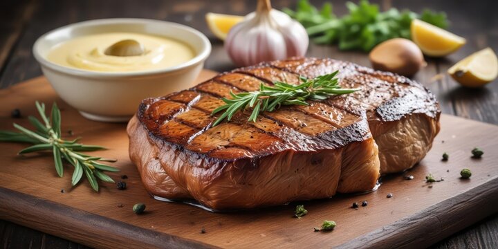 Sear marks on a juicy steak with a side of garlic butter sauce