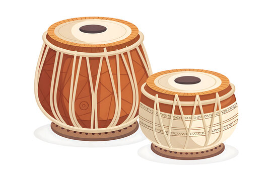Minimalist Indian tabla, two traditional drums simplified into geometric forms, warm wood and cream tones, clean flat vector design, centered composition, white background.