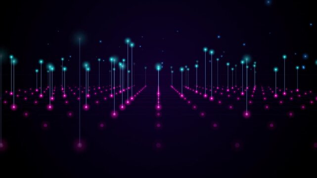 Abstract data field motion with glowing pink dots and cyan vertical lines moving through dark digital space.