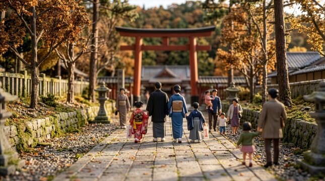 秋の神社を家族で参拝する七五三の風景