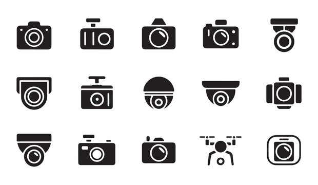 Security surveillance and digital camera glyph icon set with bullet dome and action cam equipment options.